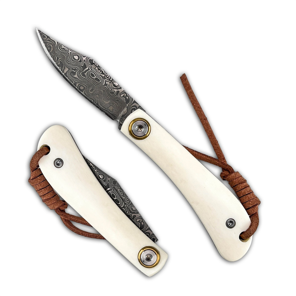 Vintage Collectible Knives - コンパクトなヴィンテージダマスカス折りたたみ式ポケットEDCナイフ、象牙の骨製ハンドル、キャンプ、狩猟、コレクション、ギフト用のアウトドアサバイバルナイフ