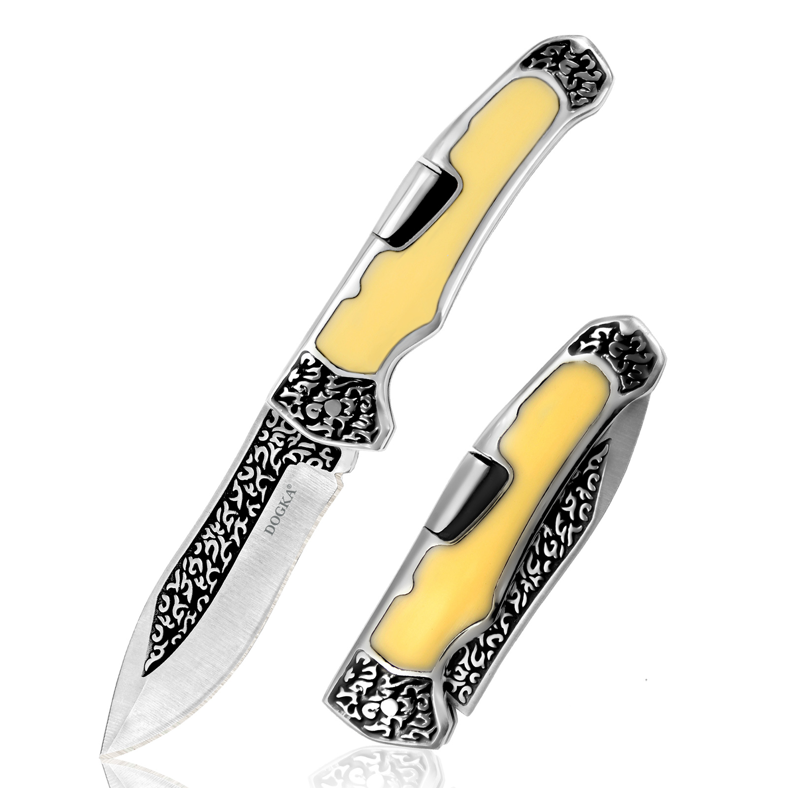 Vintage Collectible Knives - ヴィンテージ彫刻入り折りたたみポケットユーティリティツール滑らかな黄色の象嵌ハンドルポータブルEDC切断工具絶妙な模様の刃アウトドアキャンプ用日常使用コレクションギフト