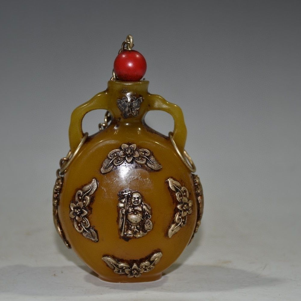 Vintage Collectible Bottles - ヴィンテージの収集価値のあるアンバー製鼻吸い瓶、長寿の神の彫刻が施された装飾品、精巧な職人技