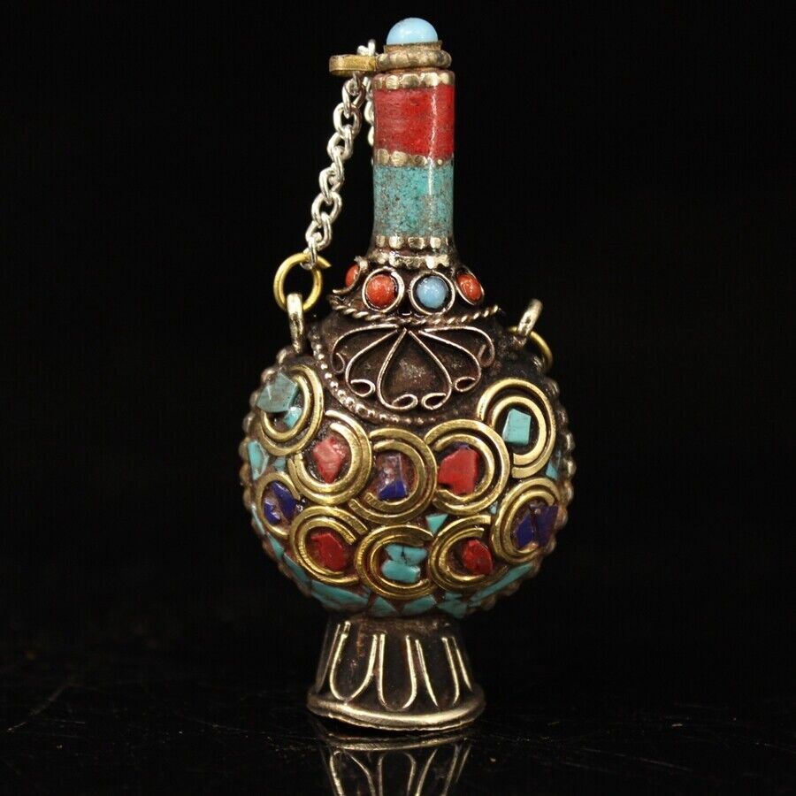 コレクション中国の真鍮象嵌宝石製嗅ぎタバコ瓶ヴィンテージアー - Vintage Collectible Bottles のレビューと価格