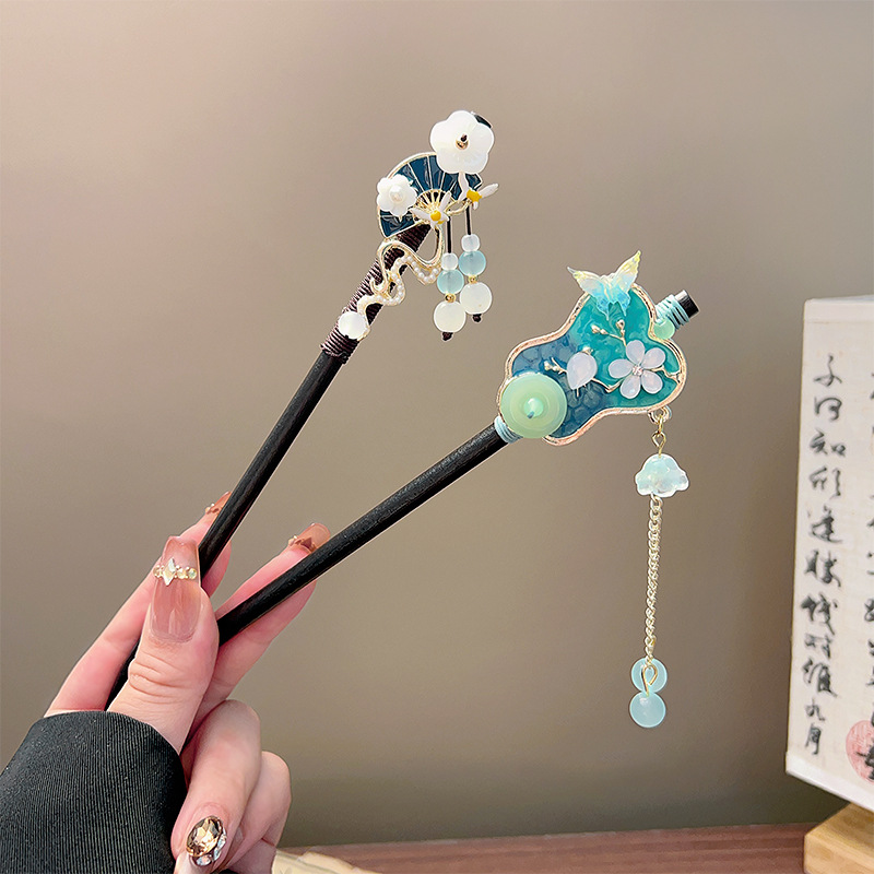 クラシックタッセルヘアスティック黒木製フラワーパールヘアピン - Vintage Collector のレビューと価格