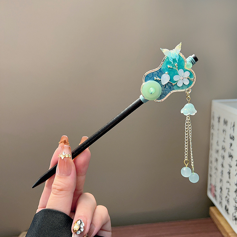 クラシックタッセルヘアスティック黒木製フラワーパールヘアピン - Vintage Collector のレビューと価格